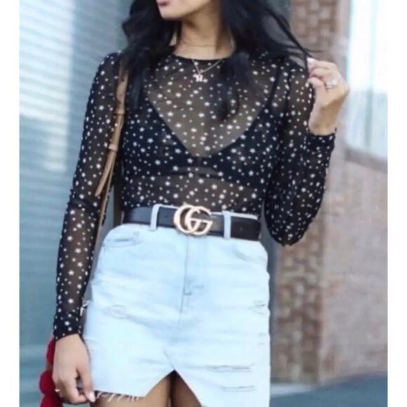 ZARA Womens Star Print Sheer Mesh Top Small Black White Long Sleeve Lightweight - Picture 2 of 8